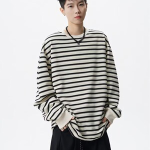 [003]古条纹圆领长袖T恤男女潮牌情侣宽松百搭上衣A079-ET52-P37图片