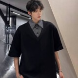 [012]假两件格子polo衫短袖t恤男拼接衬衫领上衣A079-T71-P35，男装T恤，电商A079