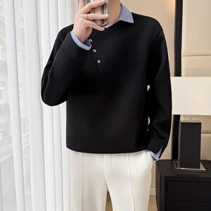 【网59】2525假两件撞色拼接衬衫领长袖T恤男款A079-D640-P43图片