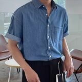 [006]水洗牛仔衬衫男短袖休闲工装口袋蓝色衬衣A079-C917-P45，男装T恤，电商A079