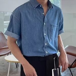 [006]水洗牛仔衬衫男短袖休闲工装口袋蓝色衬衣A079-C917-P45图片