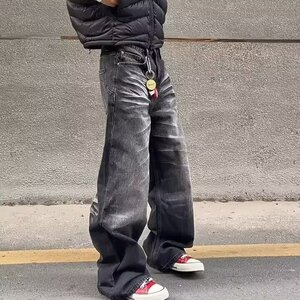 【008】】水洗做旧冰裂牛仔裤男宽松直筒阔腿裤A079-1199-P50图片