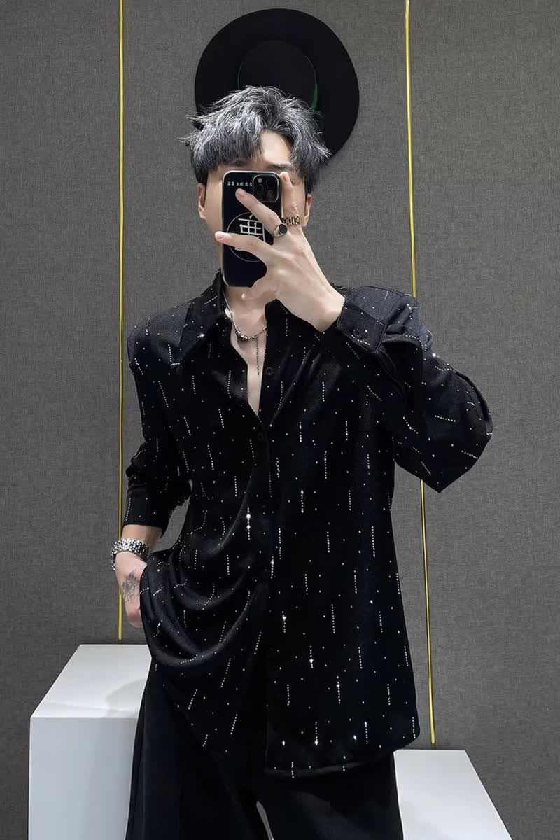 [006]男潮流休闲百搭烫钻宽松衬衫男纯色长袖衬衣A079-CS226-P42,男装衬衫,电商A079