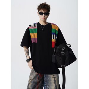 [003]明星同款彩虹毛织拼接短袖T恤男宽松情侣半袖A079-T556-P31图片