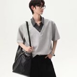 [012]假两件格子polo衫短袖t恤男拼接衬衫领上衣A079-T71-P35，男装T恤，电商A079