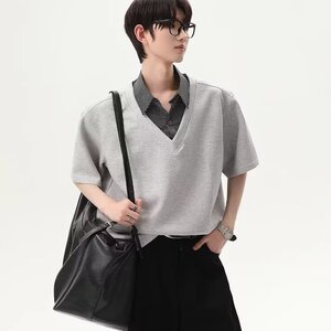 [012]假两件格子polo衫短袖t恤男拼接衬衫领上衣A079-T71-P35图片