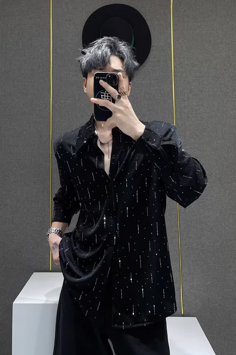 [006]男潮流休闲百搭烫钻宽松衬衫男纯色长袖衬衣A079-CS226-P42,男装衬衫,电商A079