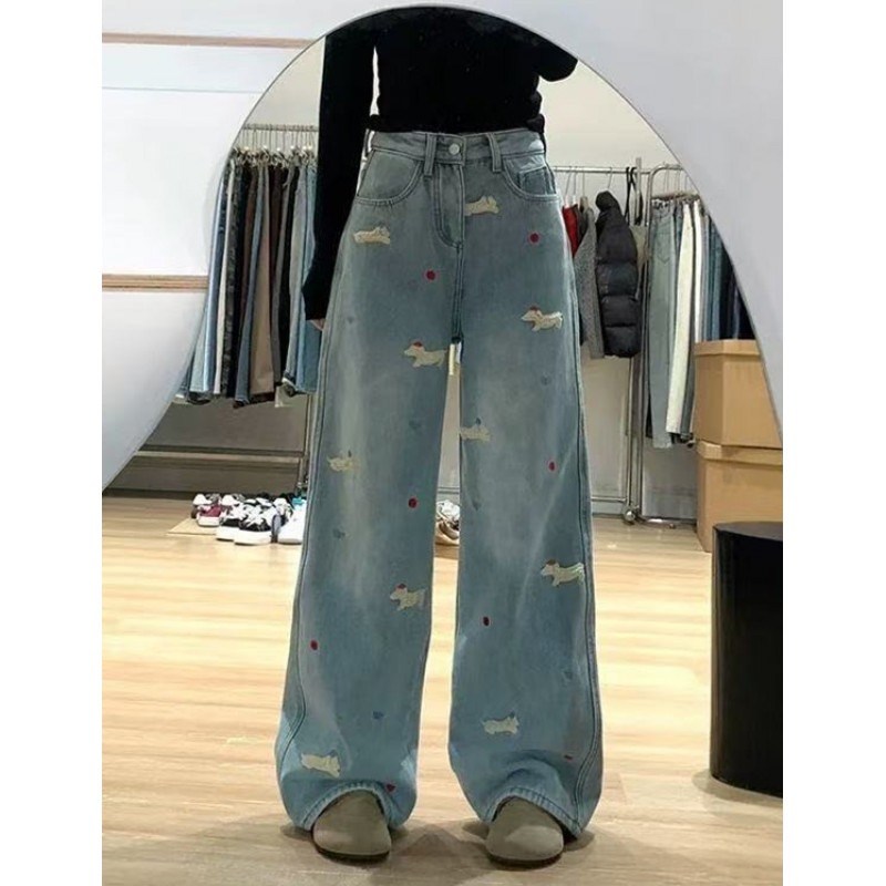 【002】小狗刺绣牛仔裤时尚宽松小众阔腿长裤潮A079-S748常规-P46，男装牛仔裤，电商A079