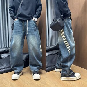 [008]拼接弯刀牛仔裤男ins潮牌宽松阔腿裤高街长裤A079-B833-P51图片