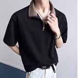 [012]短袖拉链夏撞色格纹翻领POLO衫男假两件宽松A079-S235-P32，男装T恤，电商A079
