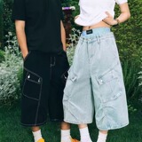 [008]牛仔短裤男女夏多口袋裤子宽松水洗阔腿七分裤A079-B026-P44，男装牛仔裤，电商A079