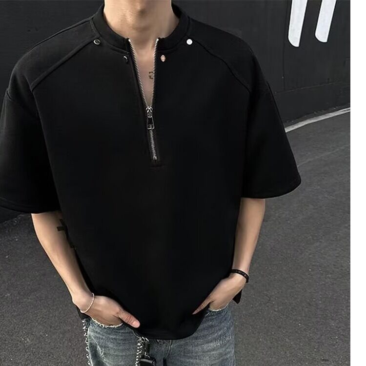 [003]柳钉垫肩亨利领短袖男夏半拉链大码半袖t恤A079-T767-P29,男装T恤,电商A079