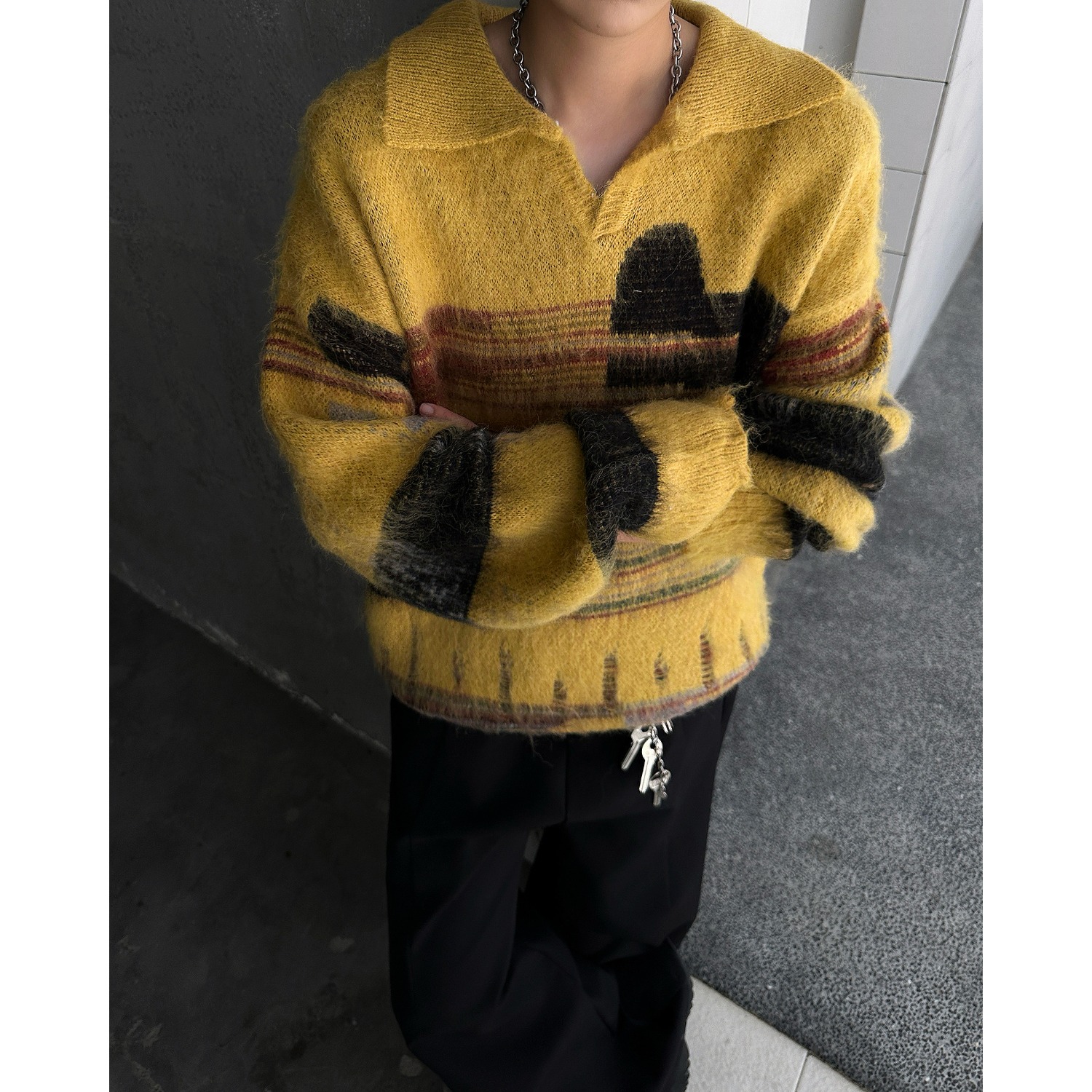 [7]撞色翻领针织衫男女宽松b休闲套头毛衣潮A079-MY9576-P57，男装针织衫/毛衣，电商A079