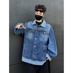 【网7】式复古格子拼接假两件牛仔外套男女cl夹克A079-JK8645-P69图片