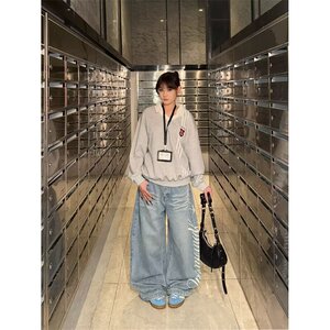 【网60】港风毛边牛仔裤女春秋宽松直筒阔腿长裤A079-S4129-P47图片