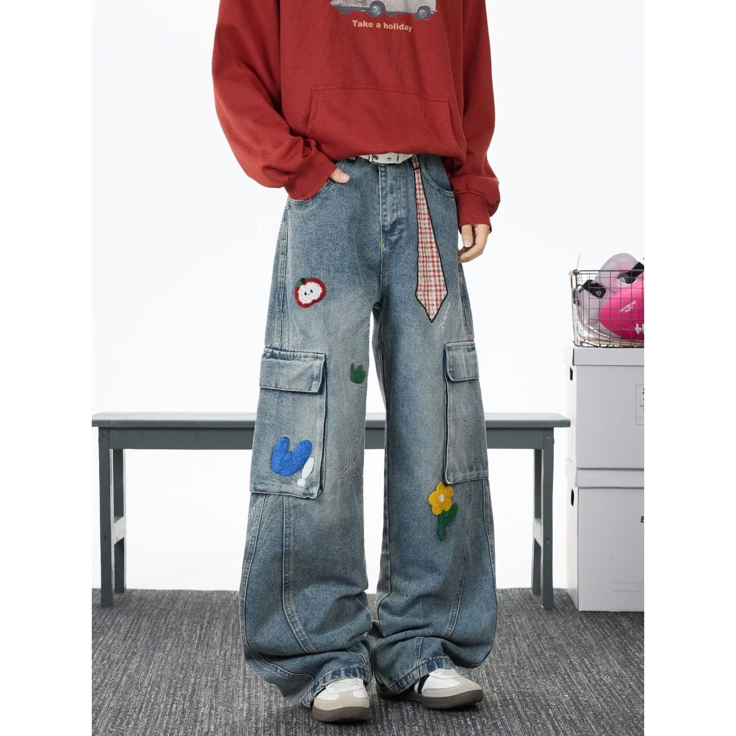 【119】可爱印花工装牛仔裤直筒拖地裤A079-9018-P57，男装牛仔裤，电商A079