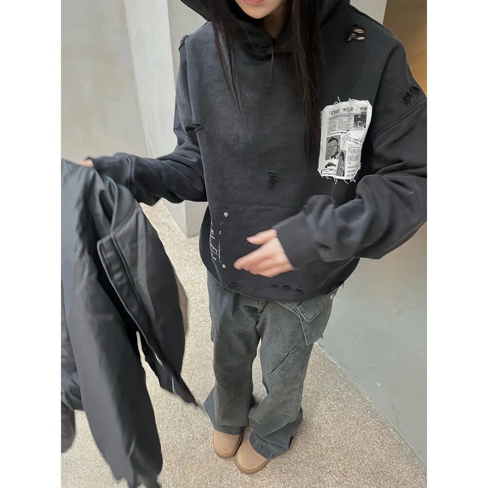 【网8】做旧贴布连帽卫衣男女秋冬宽松A079-T19-P60,男装卫衣,电商A079