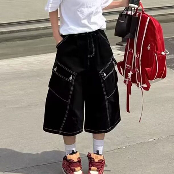 [008]牛仔短裤男女夏多口袋裤子宽松水洗阔腿七分裤A079-B026-P44，男装牛仔裤，电商A079