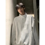 纽扣拼接格纹立领翻领卫衣男女宽松长袖上衣A079-W212-P53，男装卫衣，电商A079
