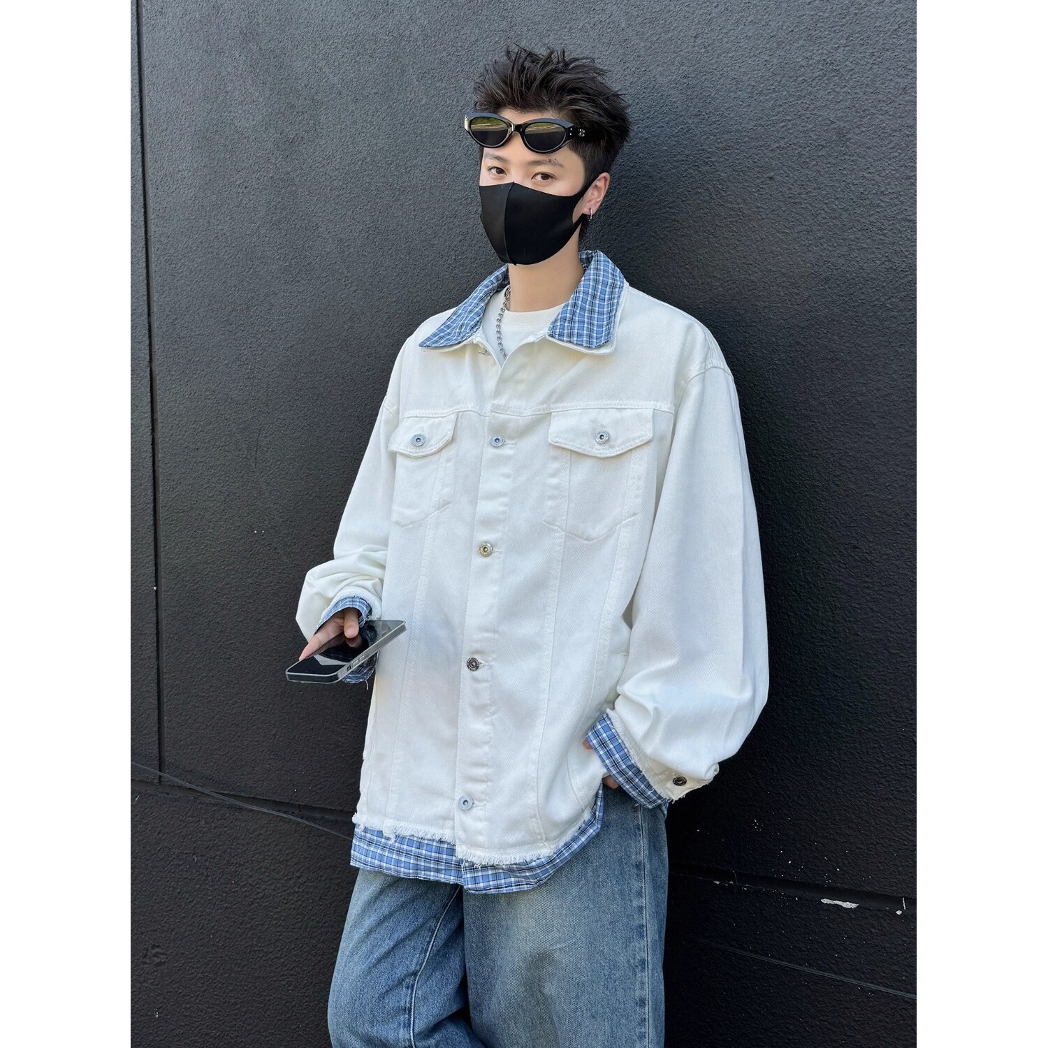 【网7】式复古格子拼接假两件牛仔外套男女cl夹克A079-JK8645-P69,男装工装外套,电商A079