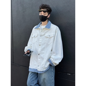 【网7】式复古格子拼接假两件牛仔外套男女cl夹克A079-JK8645-P69图片