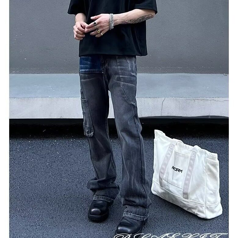 [288]做旧拼接牛仔裤男宽松直筒阔腿高街工装裤A079-K6085-P47,男装牛仔裤,电商A079