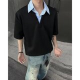[012]假两件衬衫领短袖男宽松拼接T恤半袖Polo衫A079-D915-P33，男装T恤，电商A079