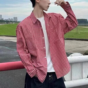 美式复古翻领格子衬衫男女长袖宽松拼接设计感衬衣2026春夏季外套