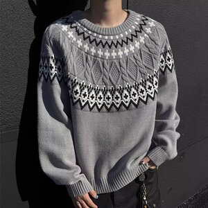 【300】提花圆领针织衫男女宽松情侣休闲打底毛衣A079-M9070-P56图片