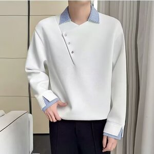 【网59】25假两件撞色拼接衬衫领长袖T恤男款A079-D640-P43图片