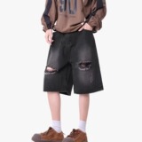 【008]做旧水洗破洞牛仔短裤男宽松直筒休闲五分裤A079-3338-P32，男装牛仔裤，电商A079