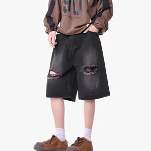 【008]做旧水洗破洞牛仔短裤男宽松直筒休闲五分裤A079-3338-P32图片