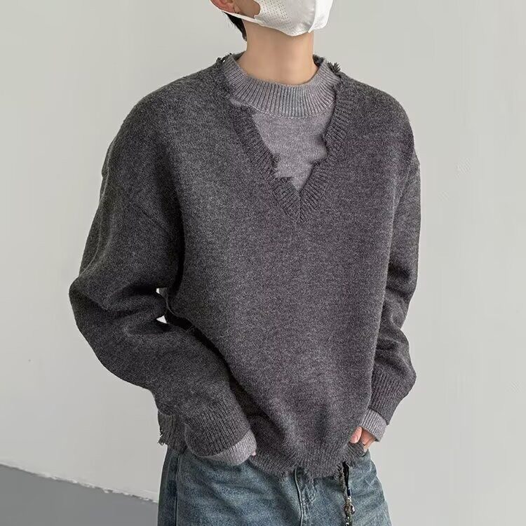 【125】5假两件日系复古简约V领毛衣针织衫A079-MY7701-P59,男装针织衫/毛衣,电商A079