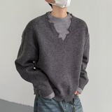 【125】5假两件日系复古简约V领毛衣针织衫A079-MY7701-P59，男装针织衫/毛衣，电商A079