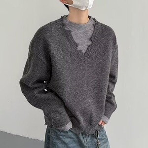【125】5假两件日系复古简约V领毛衣针织衫A079-MY7701-P59图片