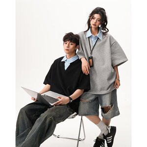 [003假两件拼接polo领短袖男宽松衬衫百搭情侣A079-D915-P33图片