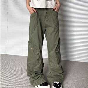 [008]褶皱牛仔工装裤子男女宽松直筒多口袋休闲长裤A079-8968-P63,男装工装外套,电商A079