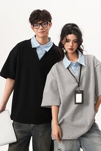 [003假两件拼接polo领短袖男宽松衬衫百搭情侣A079-D915-P33图片