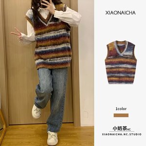 【网59】条纹无袖针织衫马甲男女V领毛衣背心A079-789-P45图片