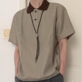 夏季男士高级感撞色千鸟格翻领polo衫短袖商务休闲时尚百搭T恤，男装T恤，电商A079