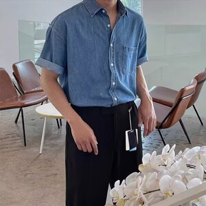 [006]水洗牛仔衬衫男短袖休闲工装口袋蓝色衬衣A079-C917-P45图片