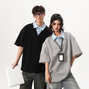 [003假两件拼接polo领短袖男宽松衬衫百搭情侣A079-D915-P33图片