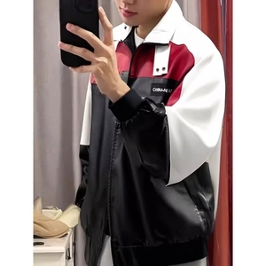 【网7】美式pu皮衣飞行员夹克男款情侣拼接撞色A079-JK8574-P67图片