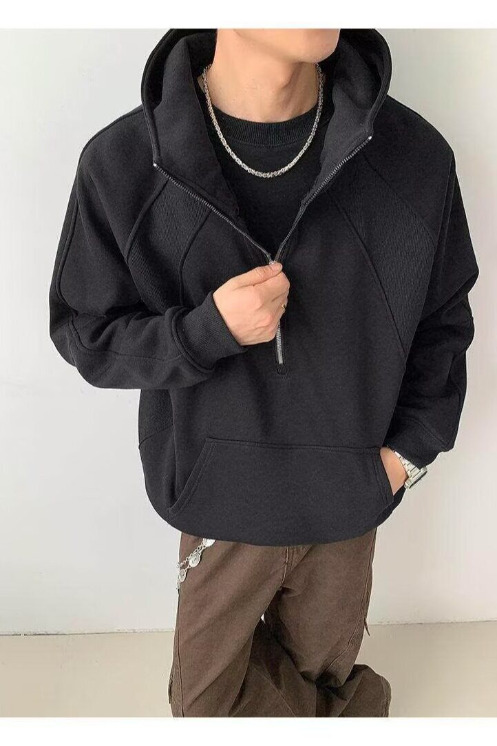 [004]拼接半拉链连帽卫衣男休闲运动带帽衫宽松A079-B671-P47,男装卫衣,电商A079