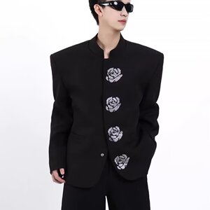 [001]立领黑色西装外套男烫钻花朵重工垫肩西服A079-XZ034-P65图片