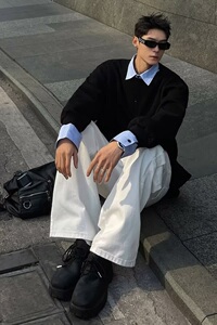【51】5假两件格纹拼接衬衫领长袖T恤男款A079-C13加绒--P49图片