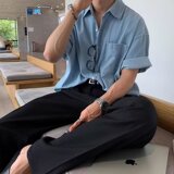 [006]水洗牛仔衬衫男短袖休闲工装口袋蓝色衬衣A079-C917-P45，男装T恤，电商A079