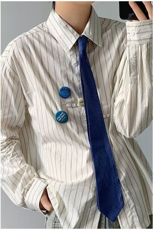 [006]胸章条纹衬衫男宽松休闲百搭长袖衬衣外套A079-S421-P50,男装衬衫,电商A079