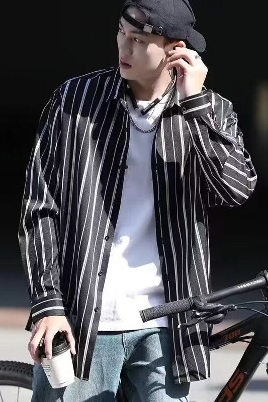 [006]条纹衬衫男士休闲长袖衬衣宽松外套A079-U6642-P35,男装衬衫,电商A079