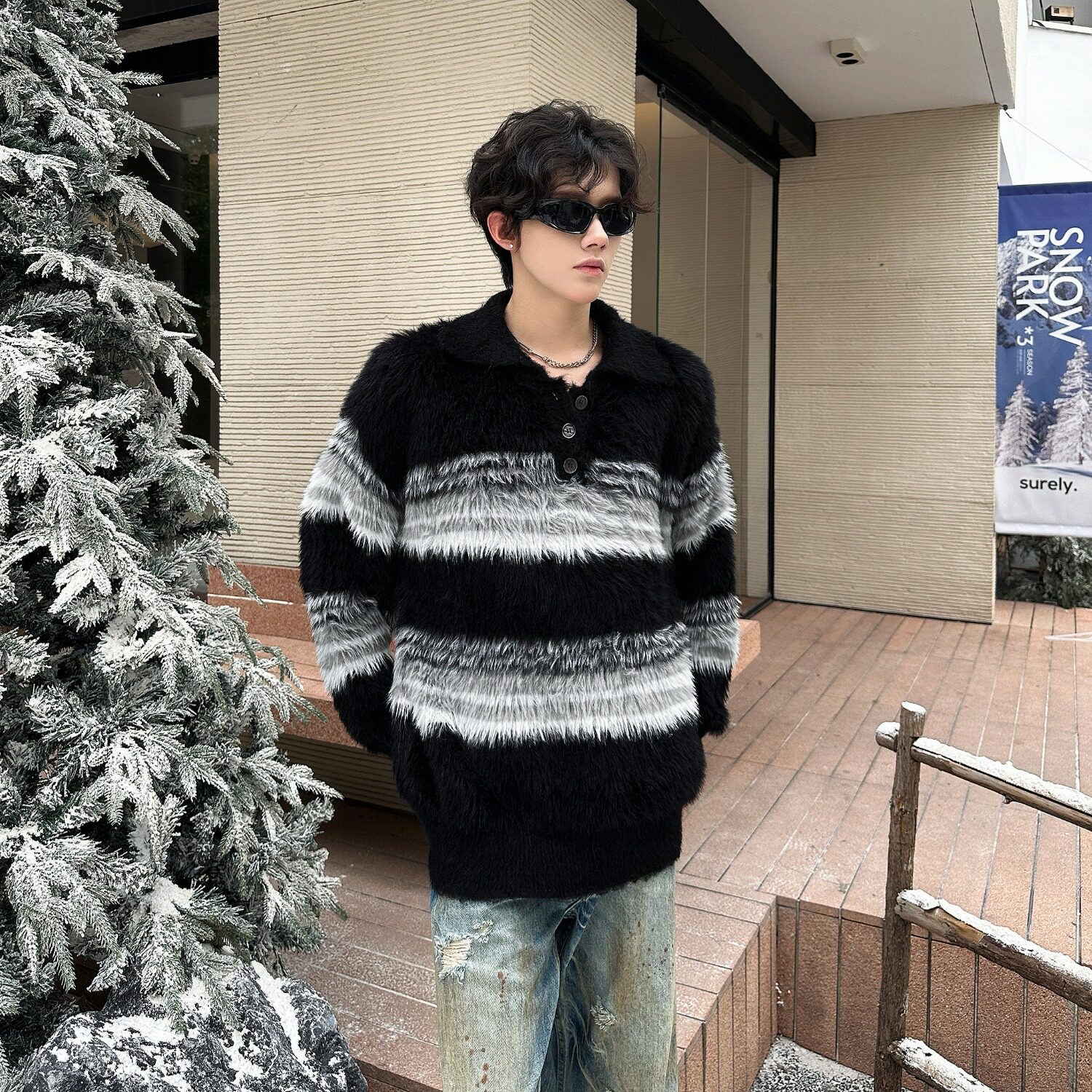 【7】POLO领纽扣条纹毛衣情侣秋冬宽松针织衫男女A079-MY9819-P55,男装针织衫/毛衣,电商A079